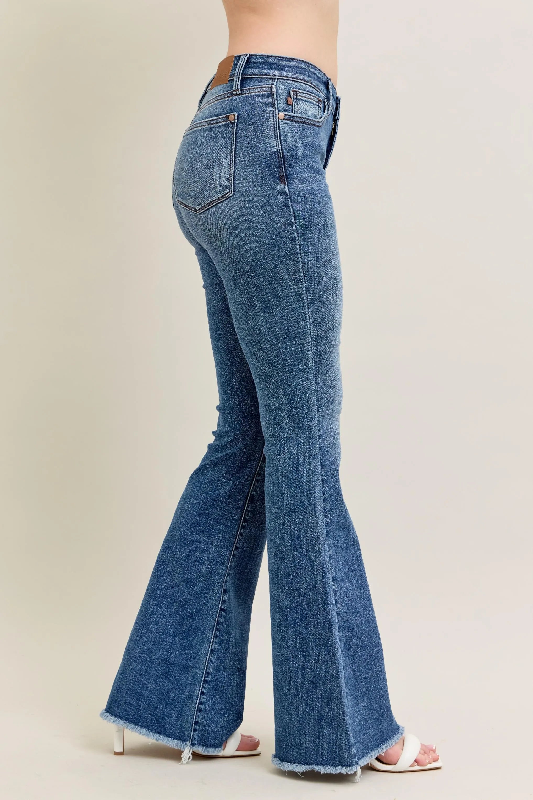 Judy Blue Mid-rise Vintage Wash Flare Jeans W/ Destroyed and Fray Hem