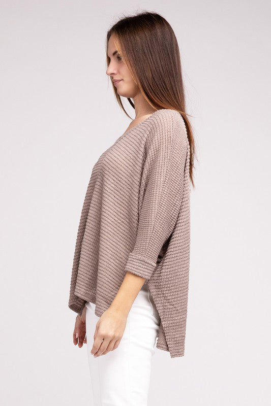 Zenana 3/4 Sleeve V-Neck Hi-Low Hem Jacquard Sweater ZENANA