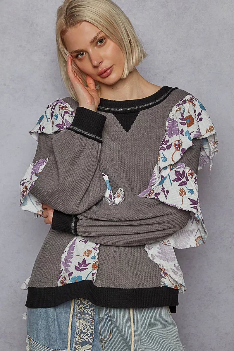 POL Charcoal Round Neck Sweater with Floral Ruffle Detail
