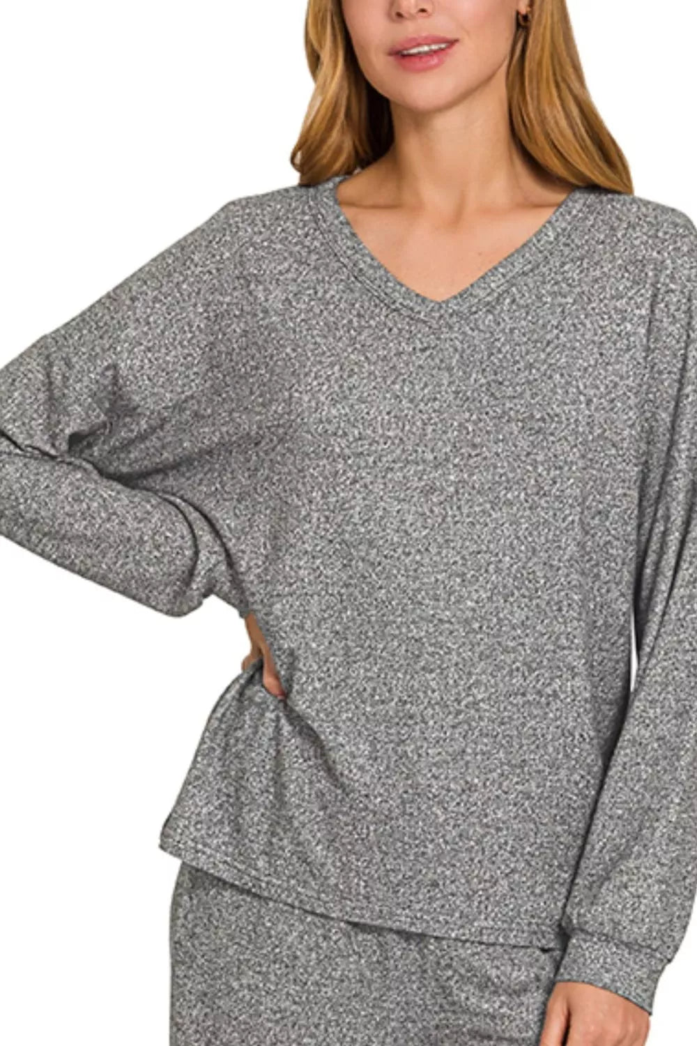 Zenana Black Soft Melange Long Sleeve Tee & Pants Set