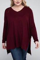 Zenana Plus Size Dolman Sleeve V-Neck Side Slit Hi-Low Hem Top DK BURGUNDY ZENANA