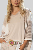 POL Oatmeal High-Low Contrast V-Neck Top Shirts & Tops