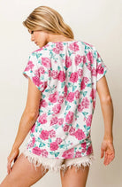 BiBi Fuchsia Rose Printed Poly Span with Crochet Lace Top