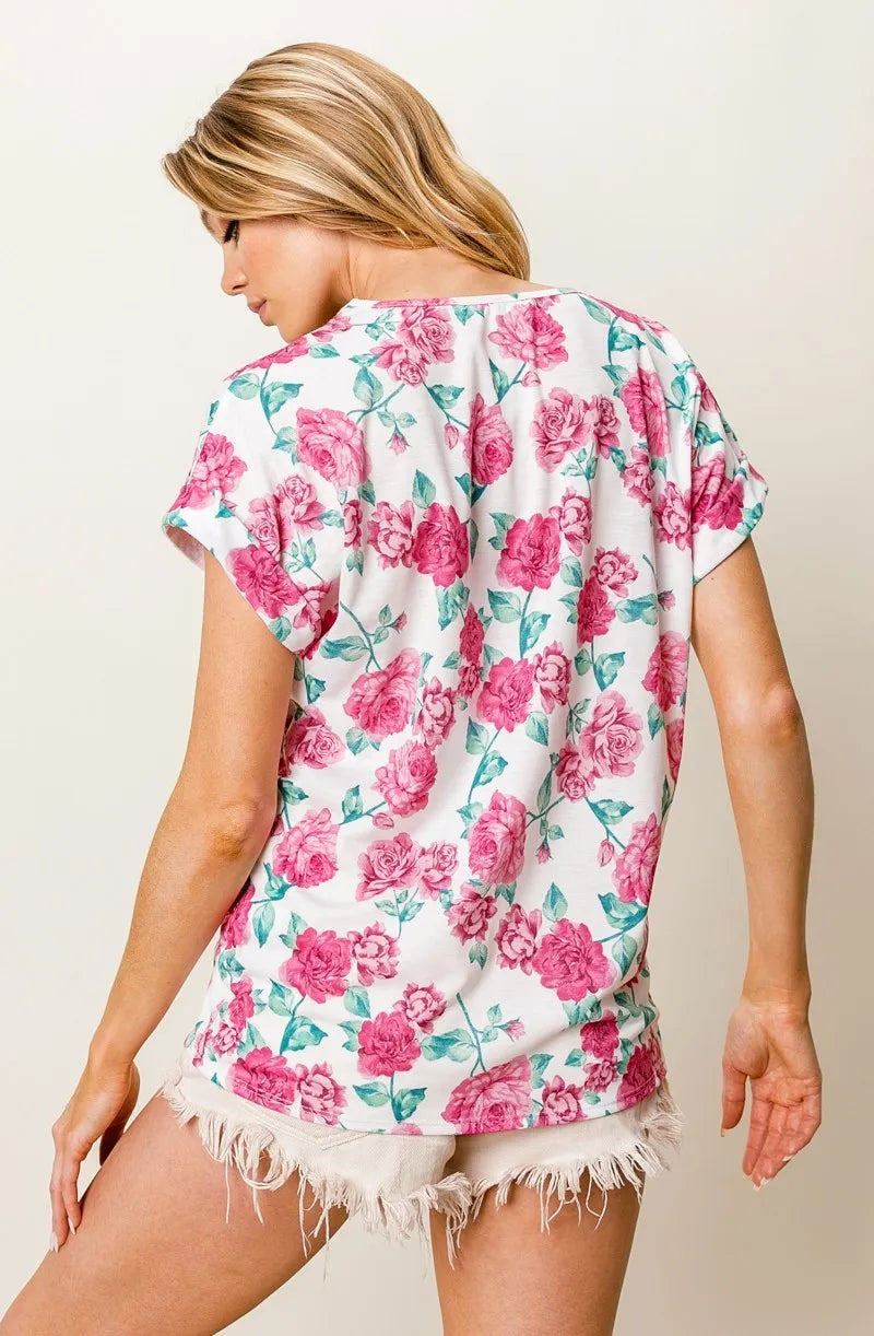 BiBi Fuchsia Rose Printed Poly Span with Crochet Lace Top