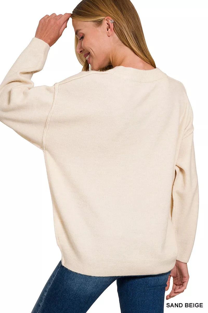 Zenana Sand Beige Melange Front Seam Round-Neck Sweater
