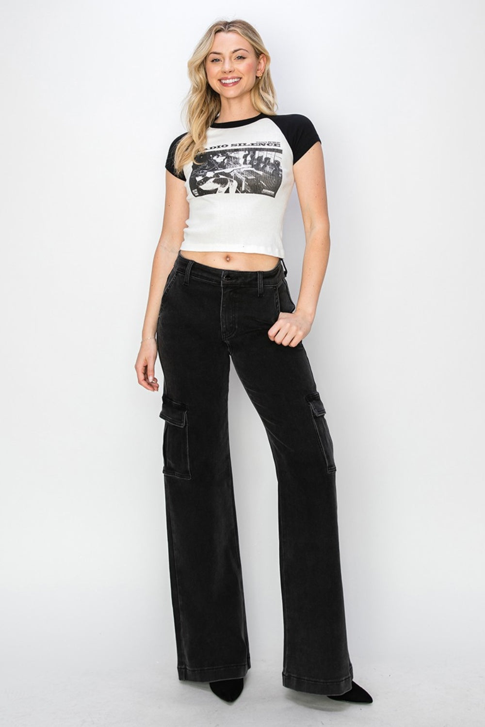 Risen Black High Rise Wide Leg Cargo Jeans Denim