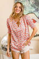 BiBi Floral Jacquard Smoked Puff Sleeves V Neck Top