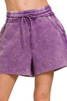 Zenana Violet Acid Wash Fleece Drawstring Shorts With Pockets VIOLET