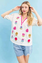 Umgee Embroidered Floral Top with Contrast Trim ECRU