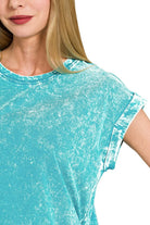 Zenana Light Teal Crinkle Washed Round Neck Folded Short Sleeve Tee