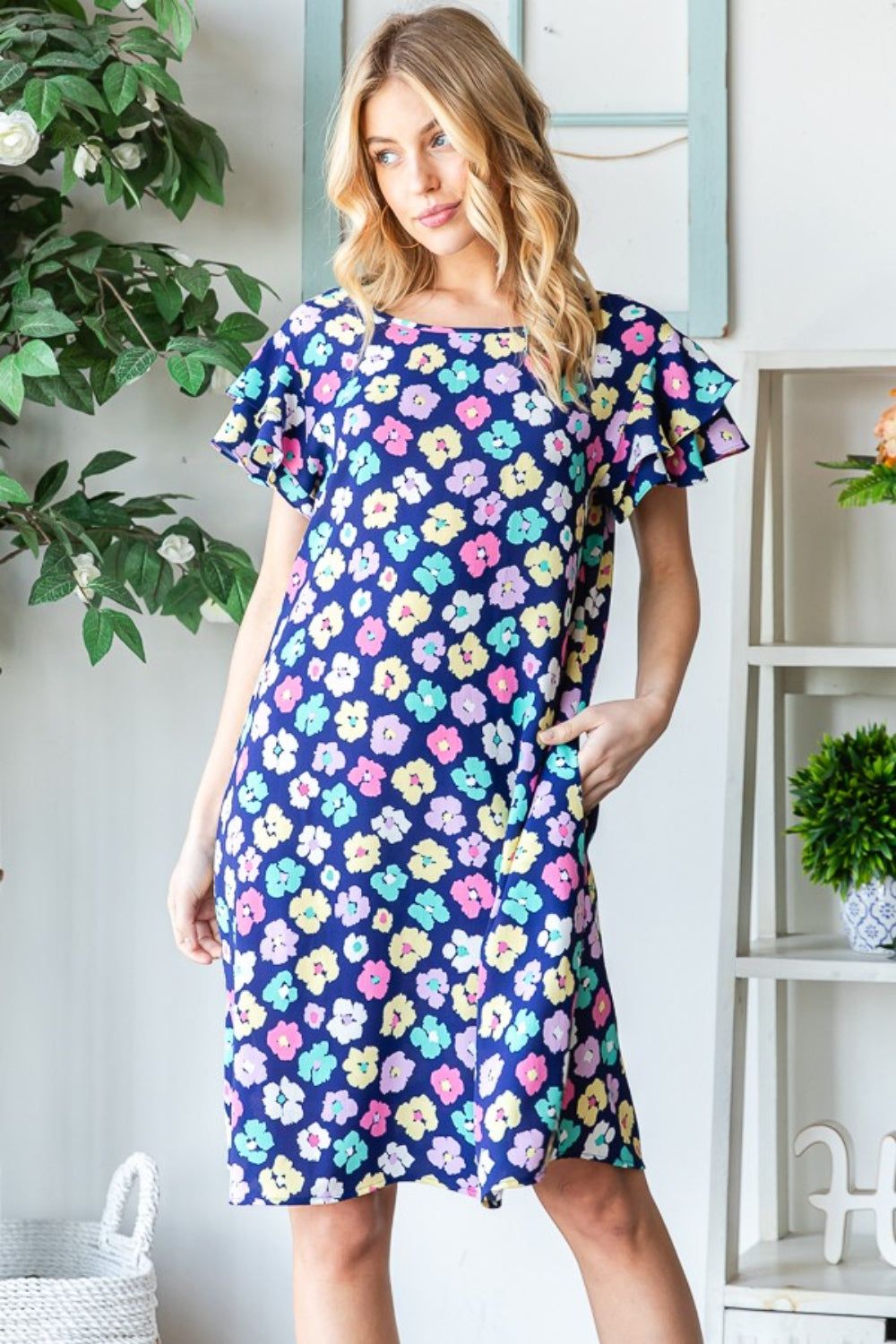 Heimish Floral Ruffled Short Sleeve Dress with Pockets Trendsi