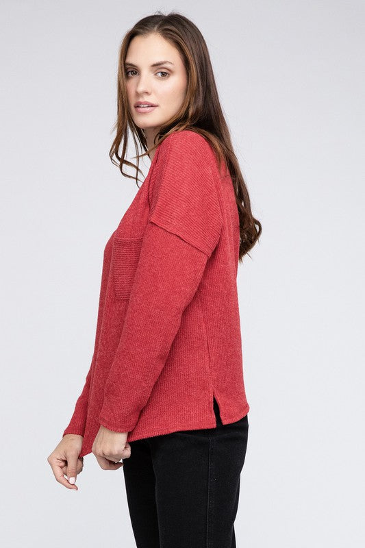 Zenana 4 Colors- Ribbed Brushed Melange Hacci Sweater with a Pocket Shirts & Tops