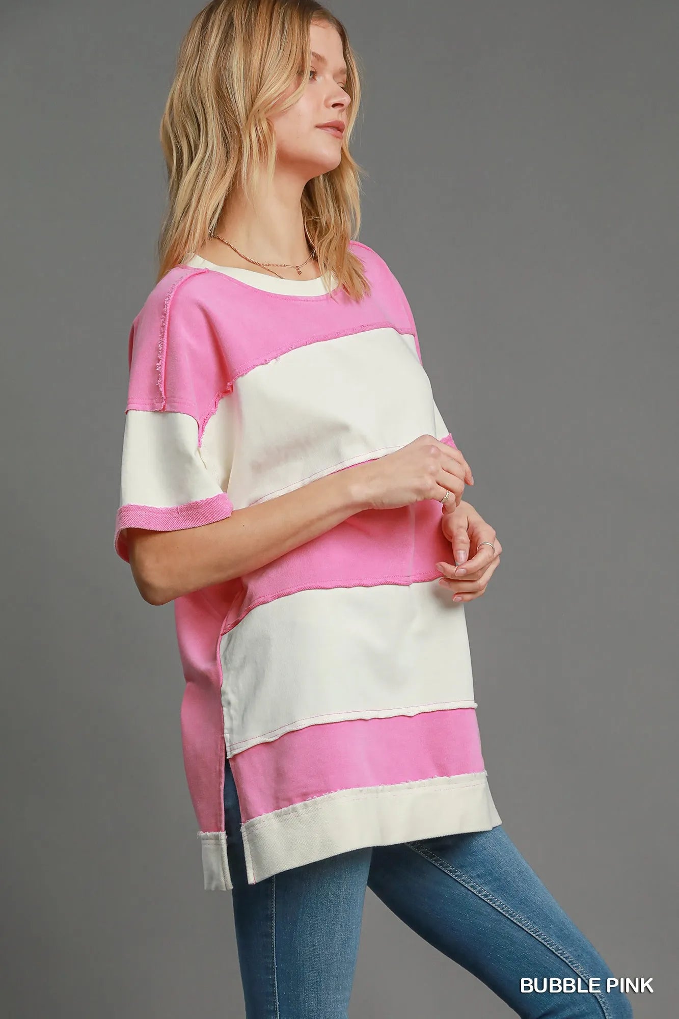 Umgee Bubble Gum Pink Mineral Wash ColorBlock Tunic Dress
