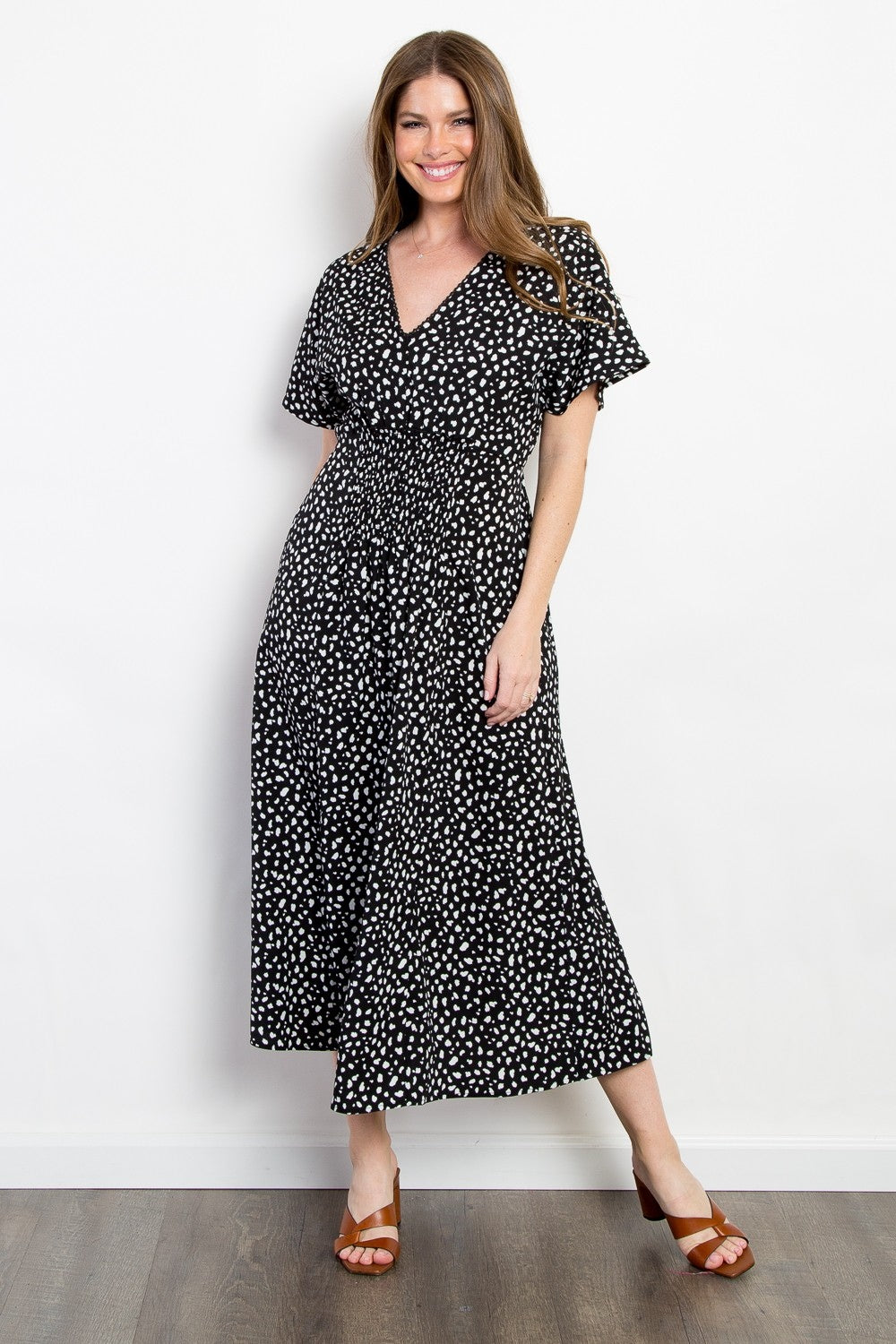 Be Stage Black Spotted Printed Smocked Waist Dress Black Trendsi