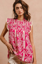 BiBi Pink Printed Ruffle Sleeve Top