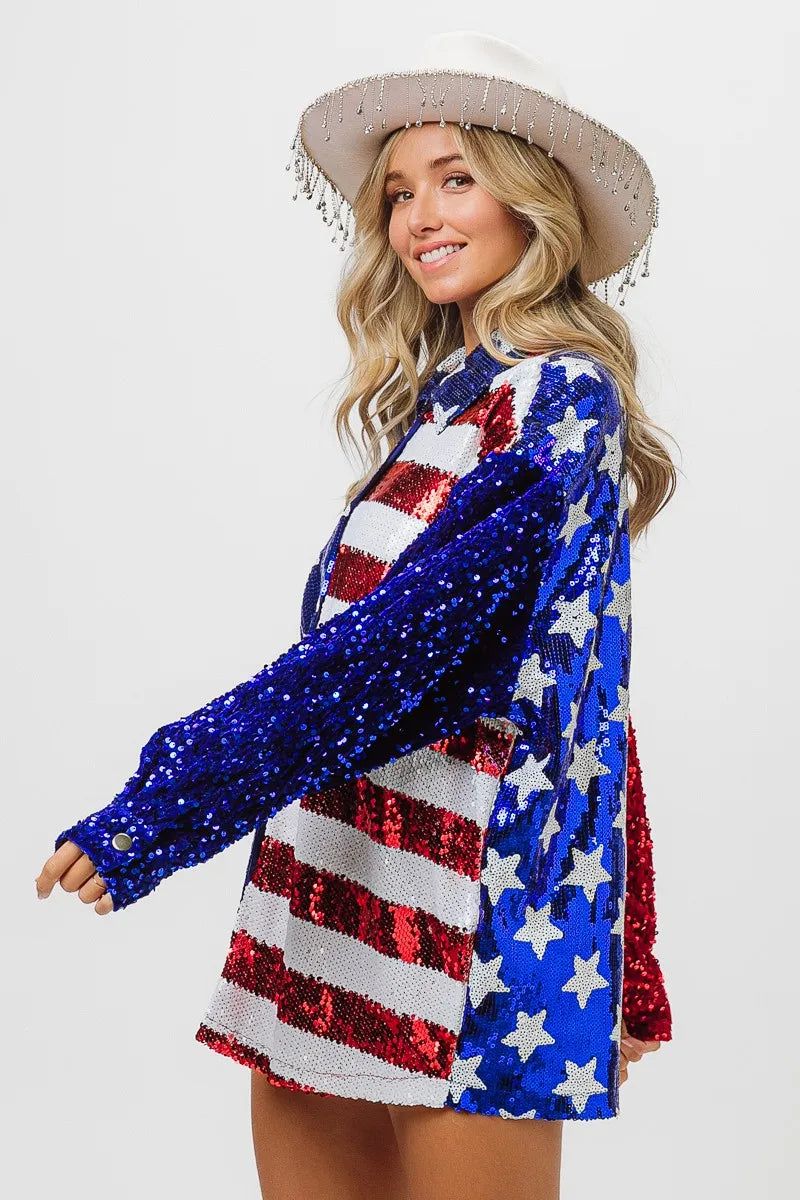BiBi Velvet Sequin American Flag Long Sleeve Top