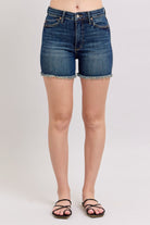 Judy Blue Dark Washed Tummy Control Fray Hem & Shield Back Pockets Denim Shorts Dark