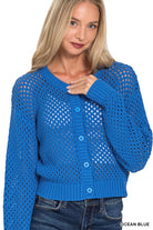 Zenana Ocean Blue Button Down Lightweight Crochet Cardigan Sweater OCEAN BLUE