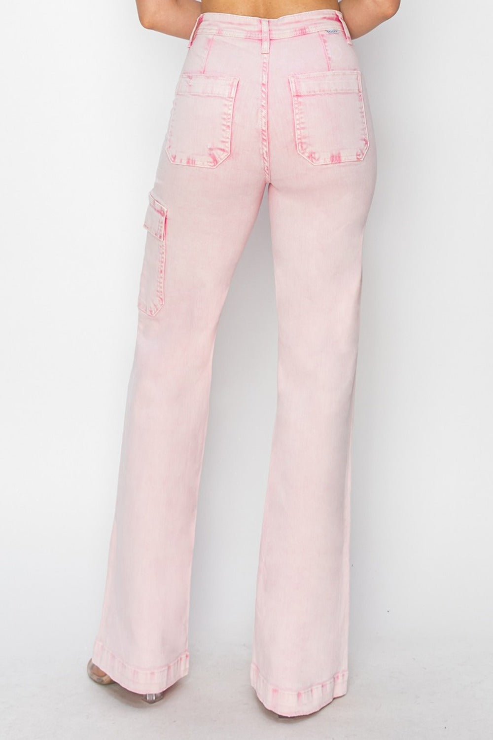 RISEN Pink Acid Washed High Rise Wide Leg Cargo Pocket Jeans Jeans