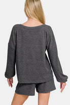 Zenana Black V-Neck Long Sleeve Ribbed Top and Shorts Set Loungewear Set