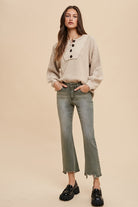 Annie Wear Oatmeal Half Button Ribbed Hem Sweater