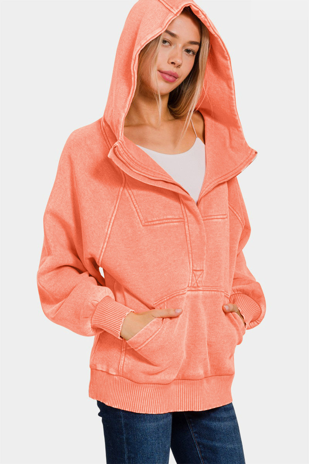 Zenana Coral Acid Wash Fleece Kangaroo Hoodie Coral Shirts & Tops