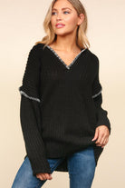 Notched Neck Long Sleeve Hooded Pullover Ave Shops