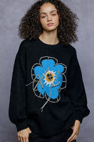 POL Floral Pattern Round Neck Sweater with Exposed Stitching