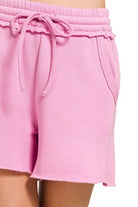 Zenana Mauve Fleece Raw Hem Shorts With Draw String