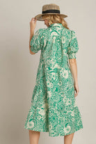 Umgee Green Floral and Paisley Printed Smocked Cuff Puff Sleeve Midi Dress