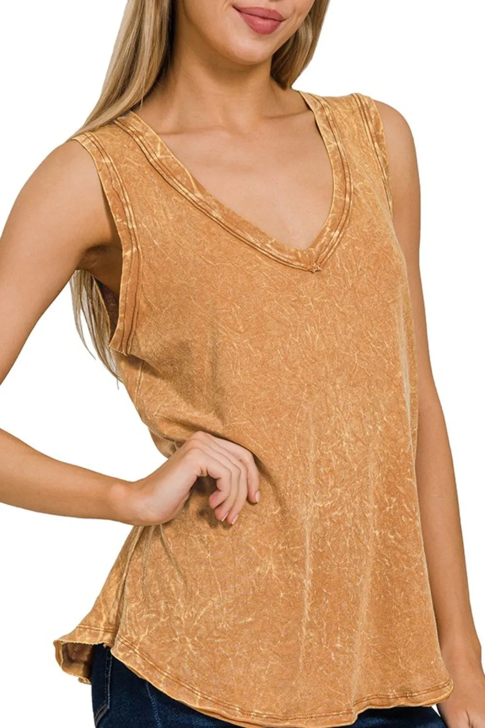 Zenana Deep Camel Crinkle Washed V-neck Sleeveless Top