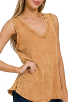 Zenana Deep Camel Crinkle Washed V-neck Sleeveless Top