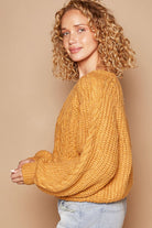 POL Honey Mustard Cable Knit Key Hole Cutout Balloon Sleeve Sweater Trendsi