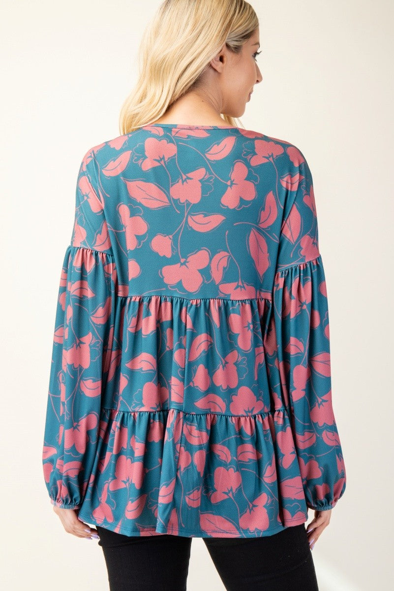 Celeste Teal Tiered Floral V-Neck Long Sleeve Blouse