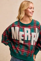 BiBi Merry Letter Patches Christmas Plaid Sweatshirt