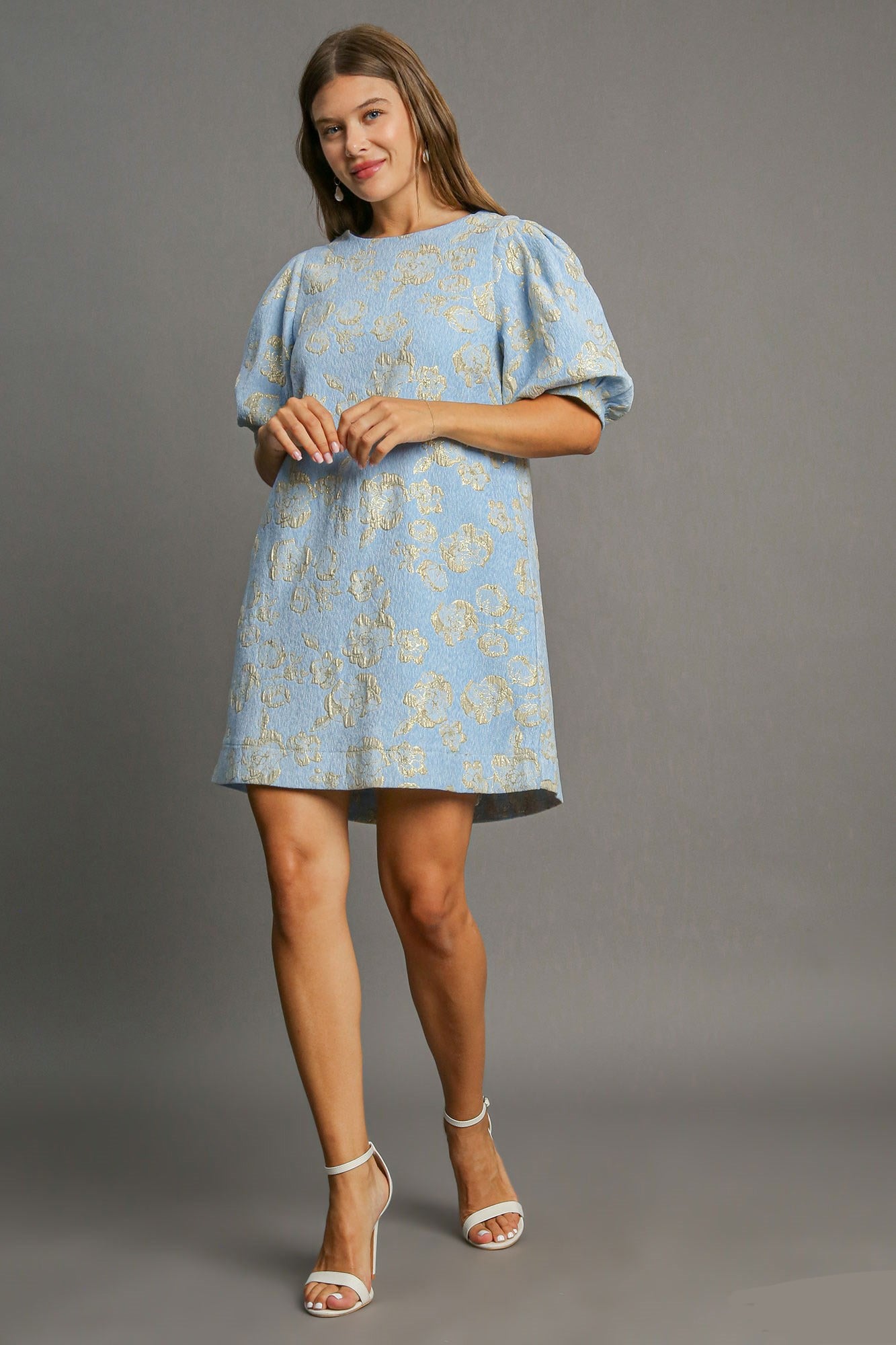 Umgee Pastel Blue Floral Jacquard Puff Sleeve Mini Dress