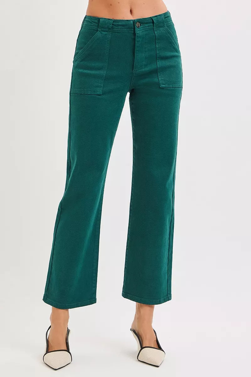 RISEN High Rise Ankle Flare Patch Pocket Jeans HUNTER GREEN