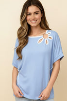 Haptics Light Blue Floral Shape Detail With O Ring Dolman Top