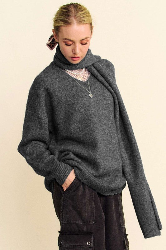 Davi & Dani Dark Gray V-Neck Dropped Shoulder Sweater with Scarf Set Trendsi