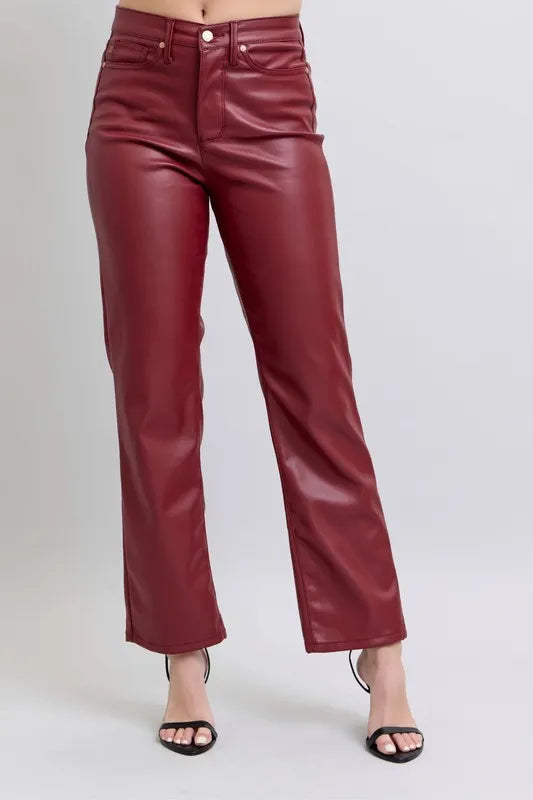 Judy Blue Red High Waist Tummy Control Faux Leather Straight Pants
