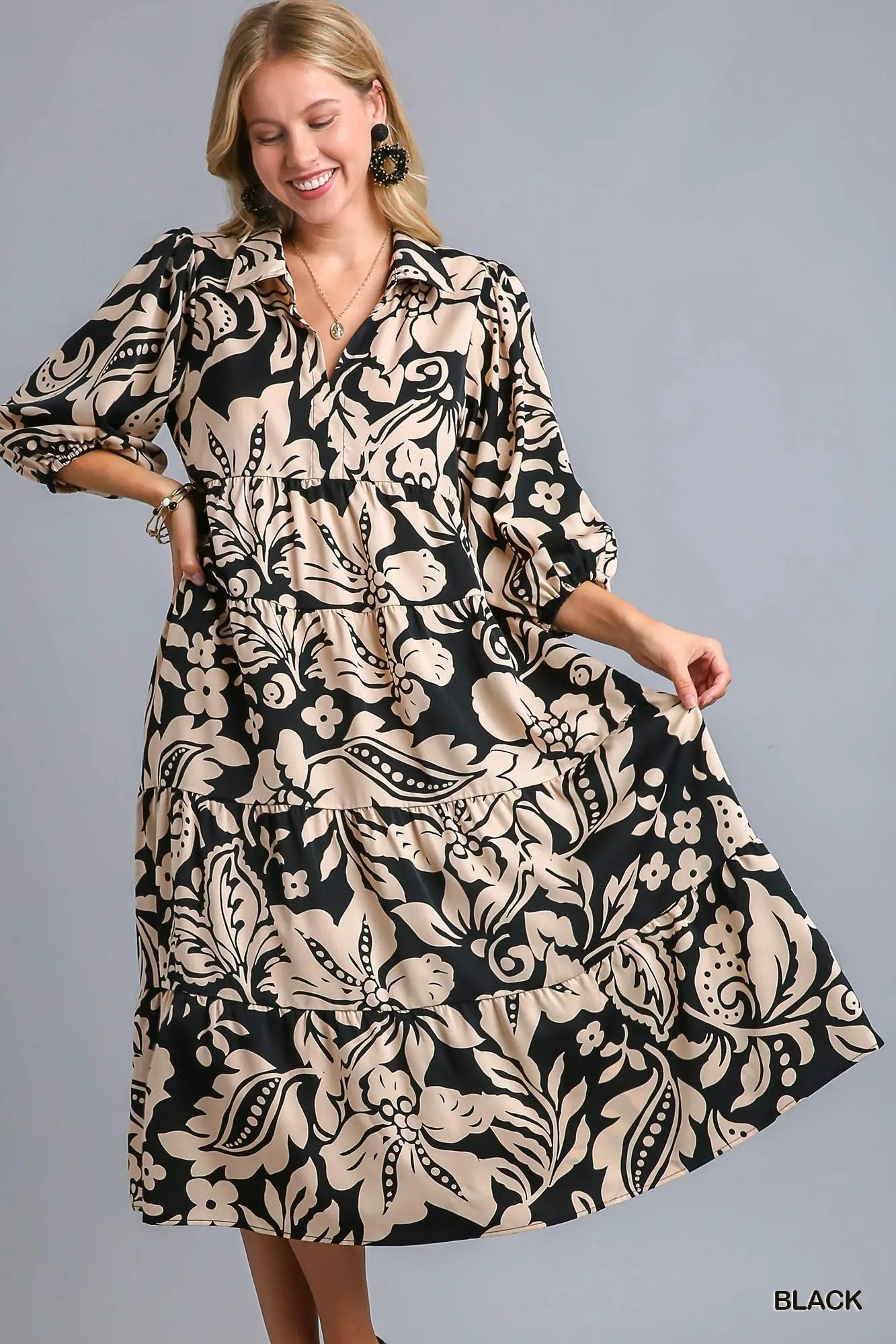 Umgee Black Mix Floral Print Tiered Midi Dress Black