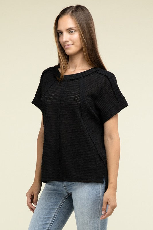 Zenana Brushed Waffle Exposed-Seam Short Sleeve Top ZENANA