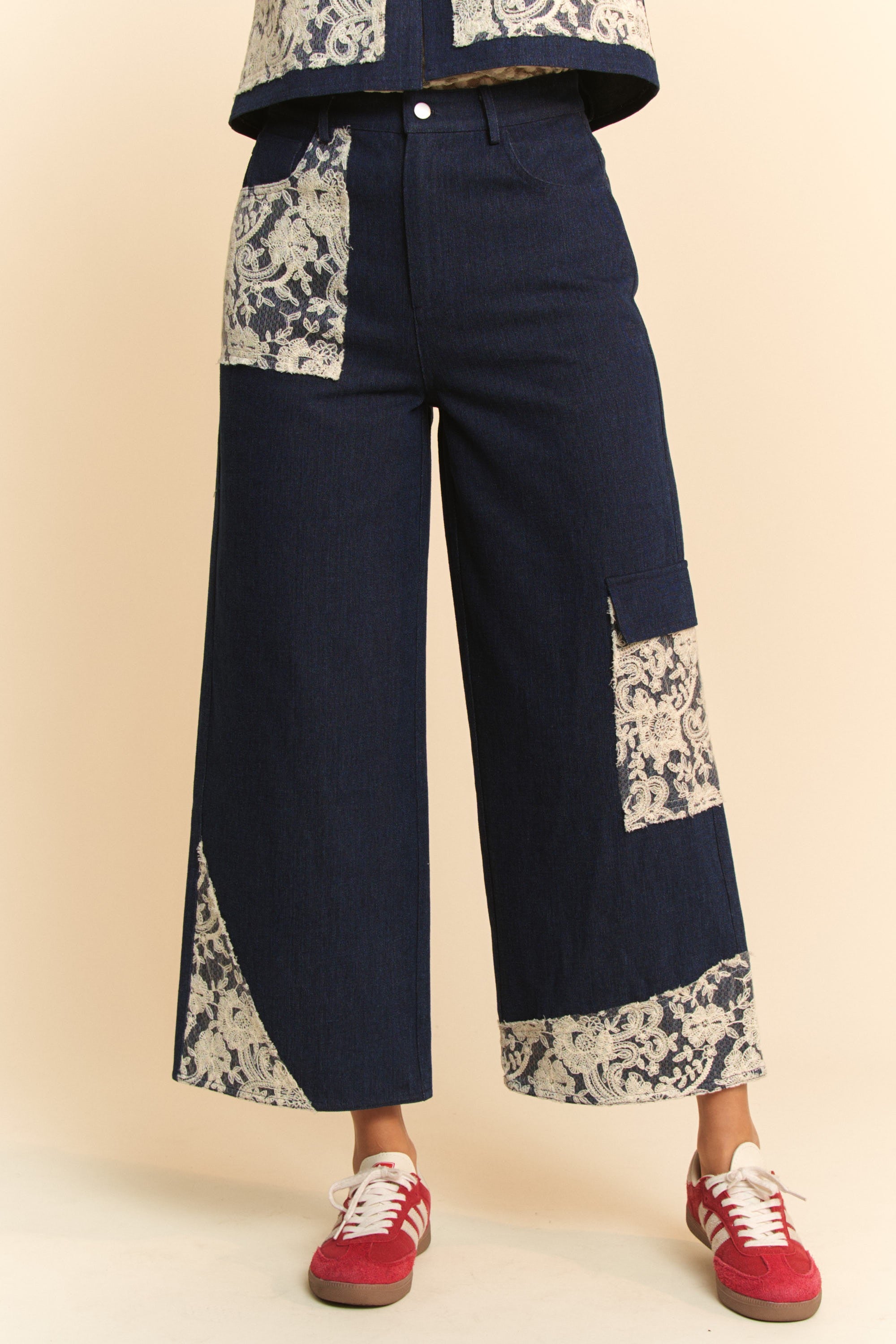 Davi & Dani Lace Applique Wide Leg Dark Washed Jeans Jeans