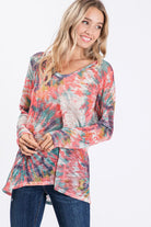 BiBi Multi Color Tie Dye V-Neck Long Sleeve Hacci Top