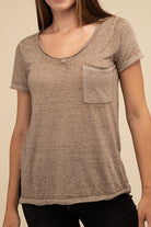 Washed Melange Burnout Scoop V-Neck Top MOCHA ZENANA