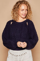 POL Navy Cable Knit Keyhole Cutout Balloon Sleeve Sweater Trendsi