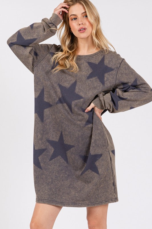 SAGE + FIG Dark Gray Mineral Washed Star Print Round Neck Dress Dark Gray Dresses