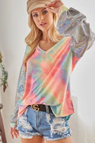 BiBi V Neck Tie Dye French Terry Top with Shiny Balloon Sleeves