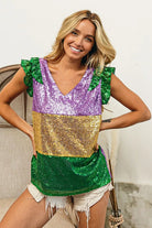 BiBi Mardi Gras Sequin Color Block Ruffled Top