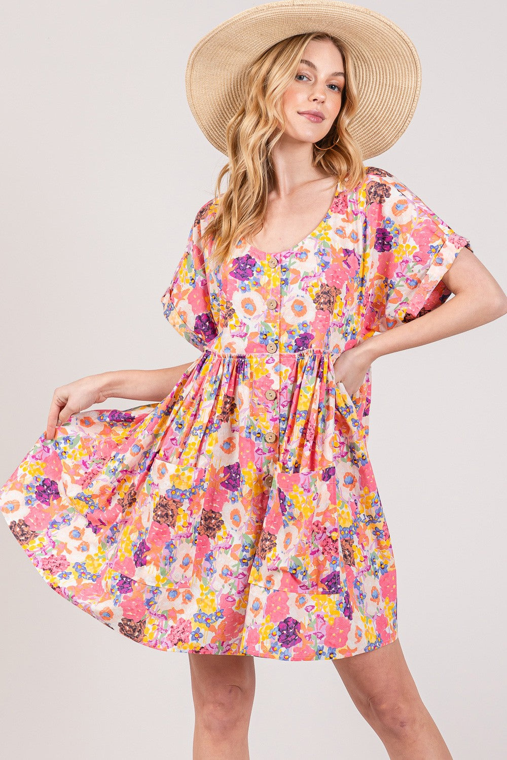 SAGE + FIG Floral Short Sleeve Babydoll Dress with Pockets Multi Trendsi